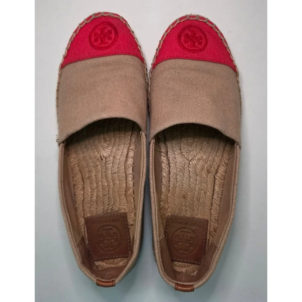 Tory Burch Color-Block Canvas Espadrilles Tan Red Logo Flats 7.5M Boho Chic